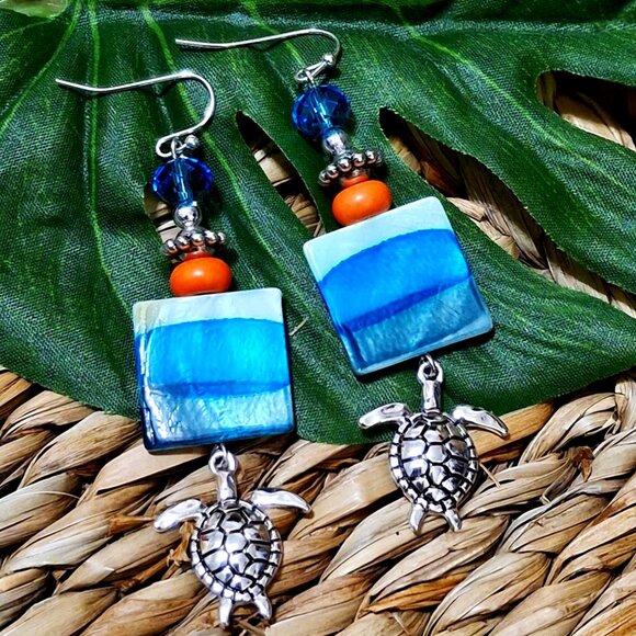 Hand Crafted Jewelry - Artisan Hand Crafted Earrings, Turtles Silver Aqua Blue Orange Shell, Pierced
